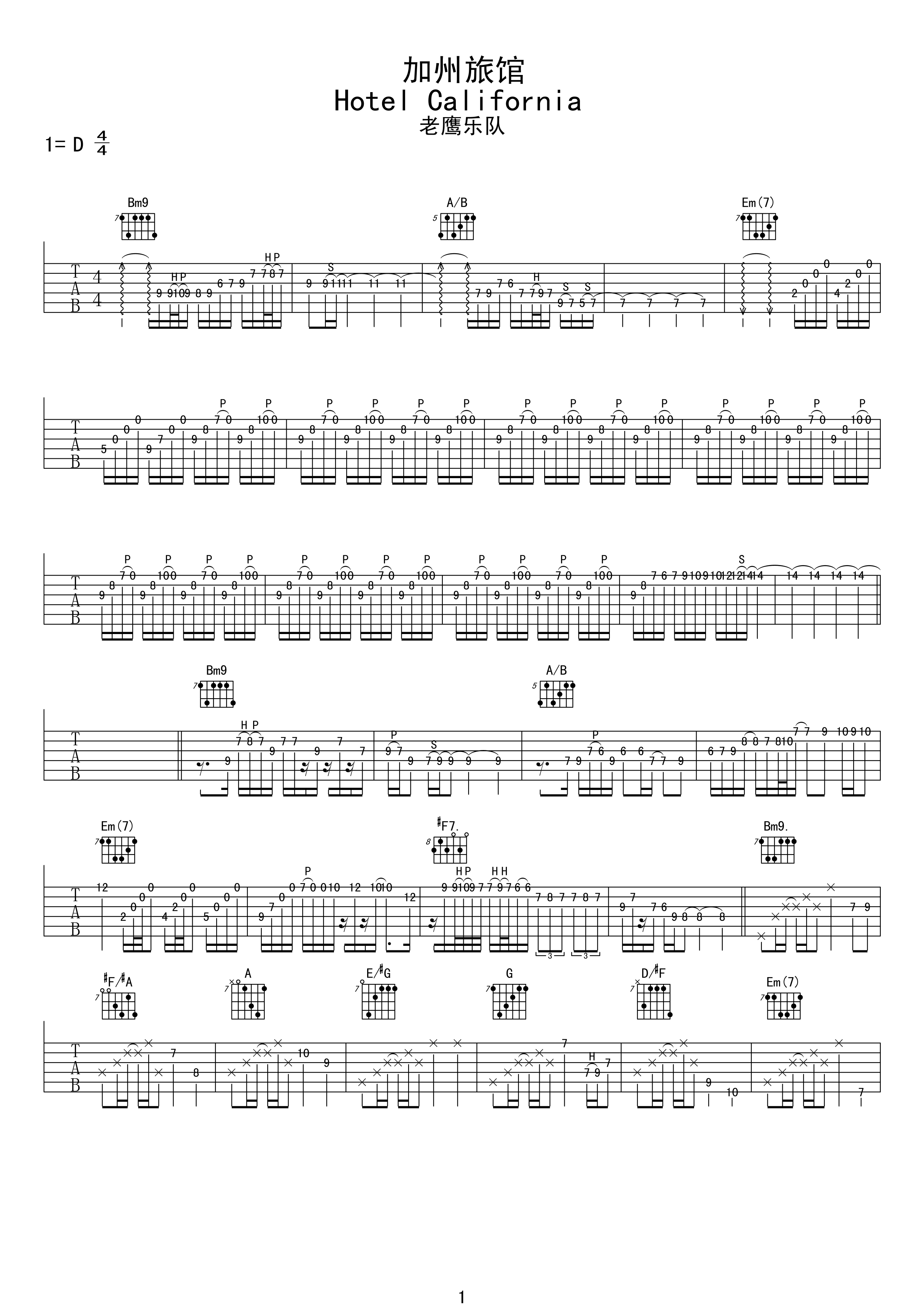 老鹰乐队《加州旅馆》吉他谱_D调原版弹唱谱-图1