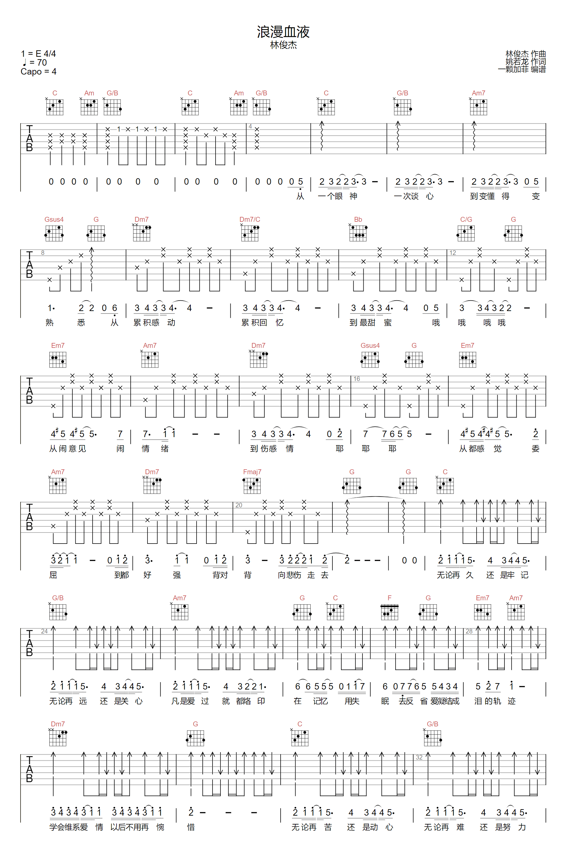 林俊杰《浪漫血液》吉他谱_C调原版弹唱谱-图1