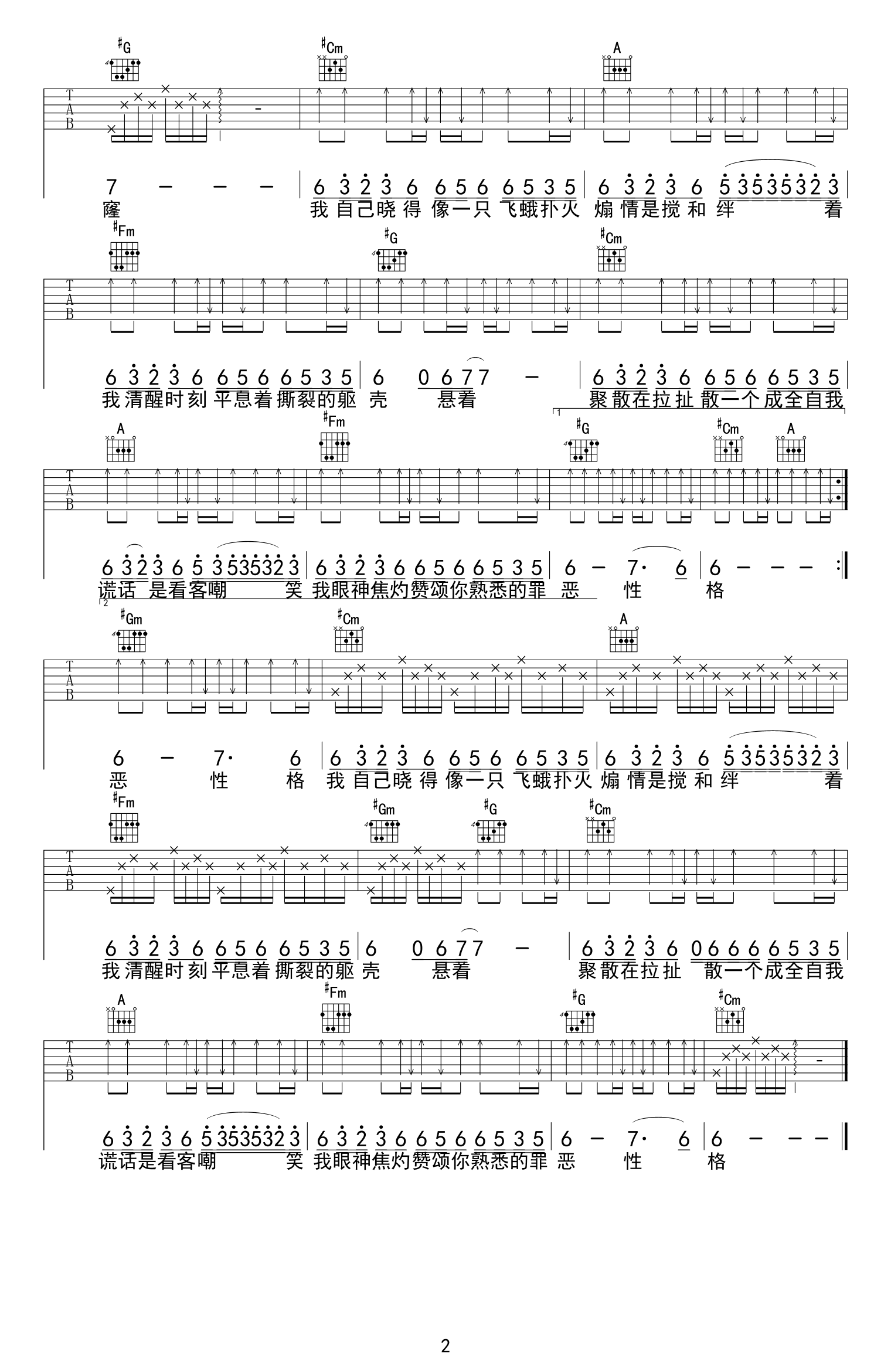 金渔《伪善者》吉他谱_E调原版弹唱谱-图2