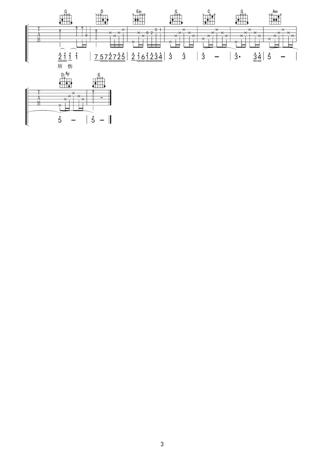 庄心妍《为情所伤》吉他谱_G调原版弹唱谱-图3