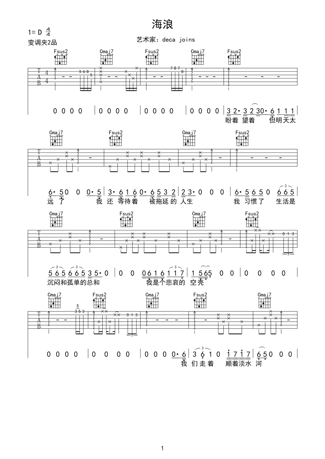 deca joins《海浪》吉他谱_C调原版弹唱谱-图1