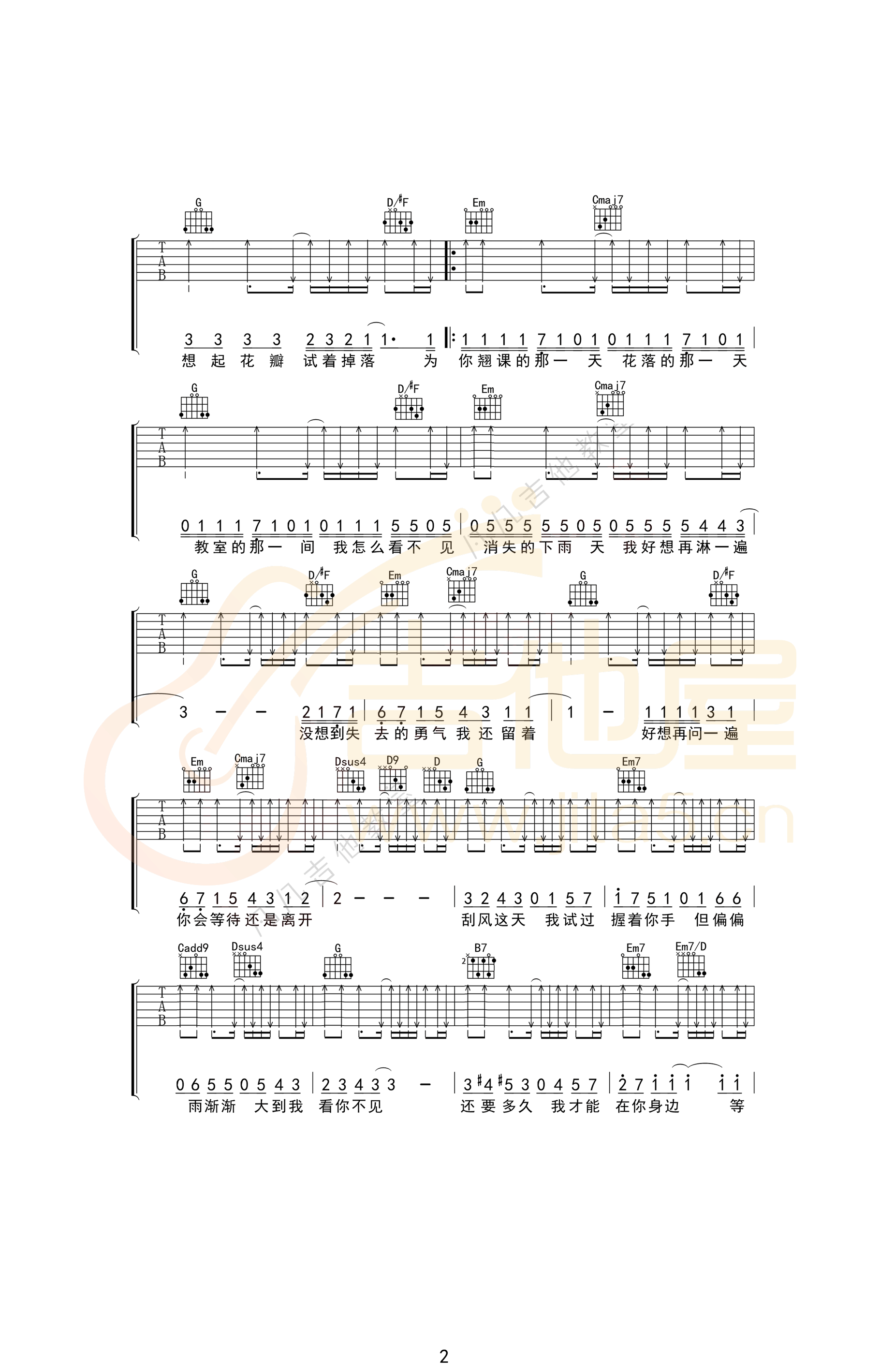 周杰伦《晴天》吉他谱_G调原版扫弦弹唱谱-图2