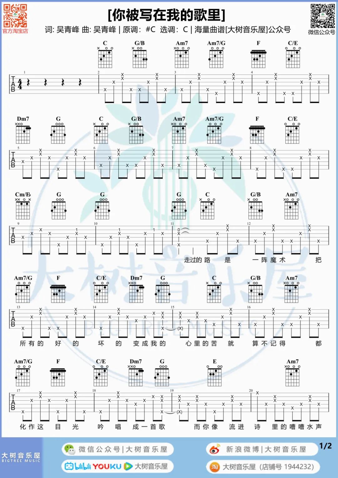 苏打绿《你被写在我的歌里》吉他谱_C调吉他谱_吉他弹唱视频教学-图1