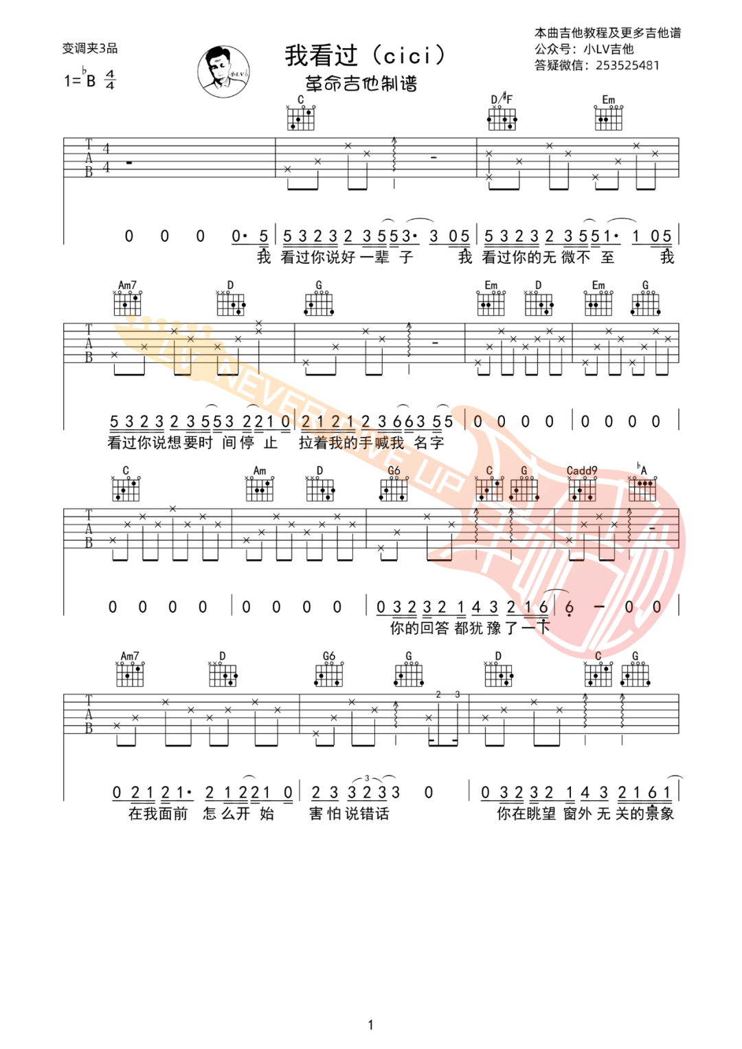 CiCi《我看过》吉他谱_G调原版吉他谱_吉他弹唱视频教学-图1