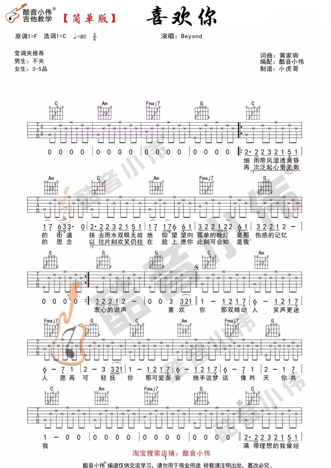Beyond《喜欢你》吉他谱_C调简单版吉他谱_吉他弹唱视频教学-图1