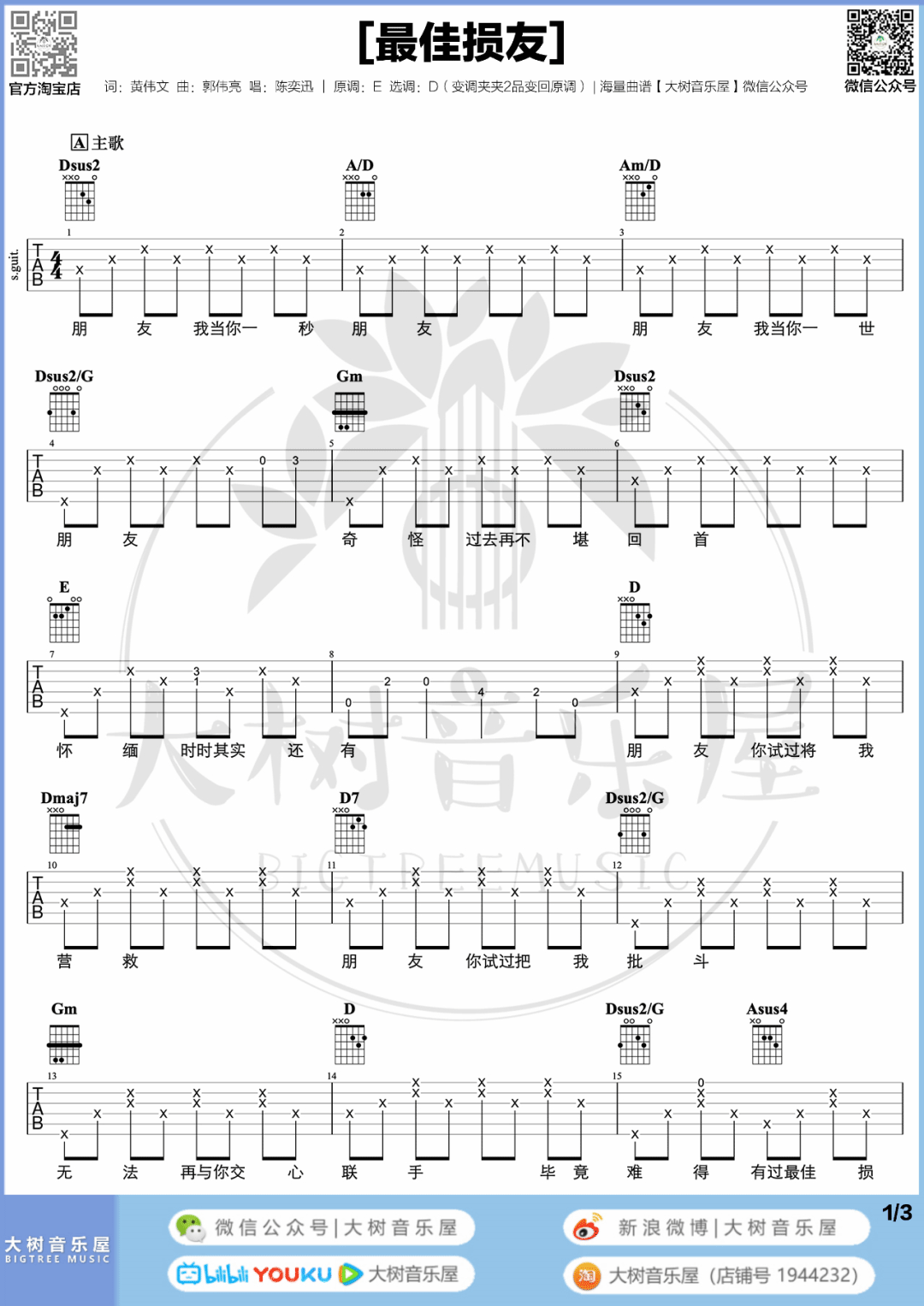 陈奕迅《最佳损友》吉他谱_D调原版吉他谱_吉他弹唱视频教学-图1