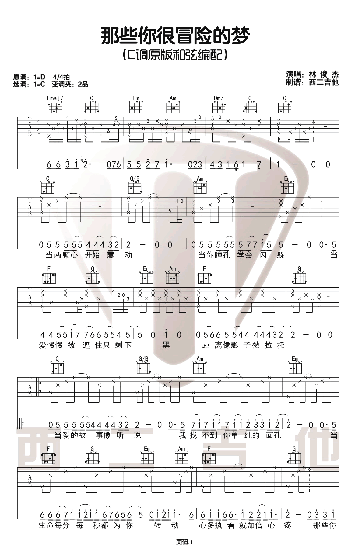 林俊杰《那些你很冒险的梦》吉他谱_C调原版吉他谱_吉他弹唱视频教学-图1