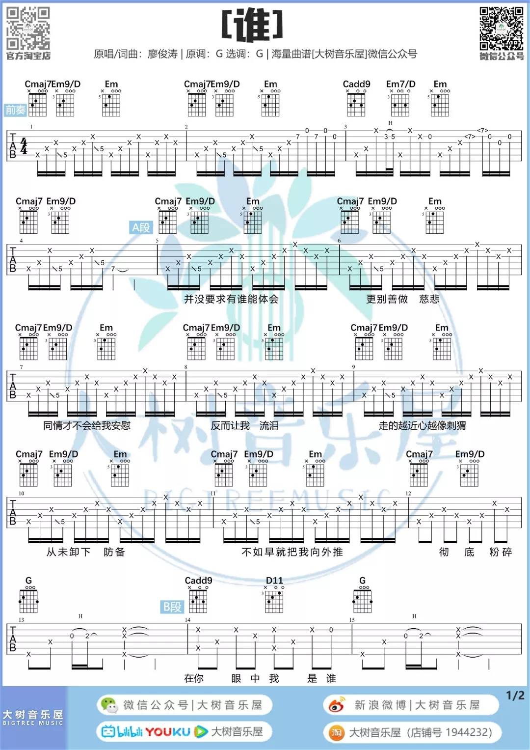 廖俊涛《谁》吉他谱_G调指法原版吉他谱_吉他弹唱视频教学-图1