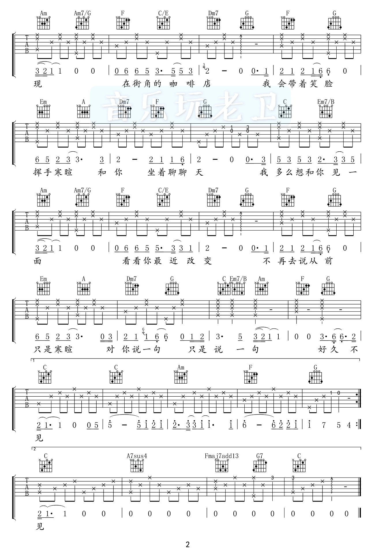 陈奕迅《好久不见》吉他谱_C调简单版吉他谱_吉他弹唱视频教学-图2