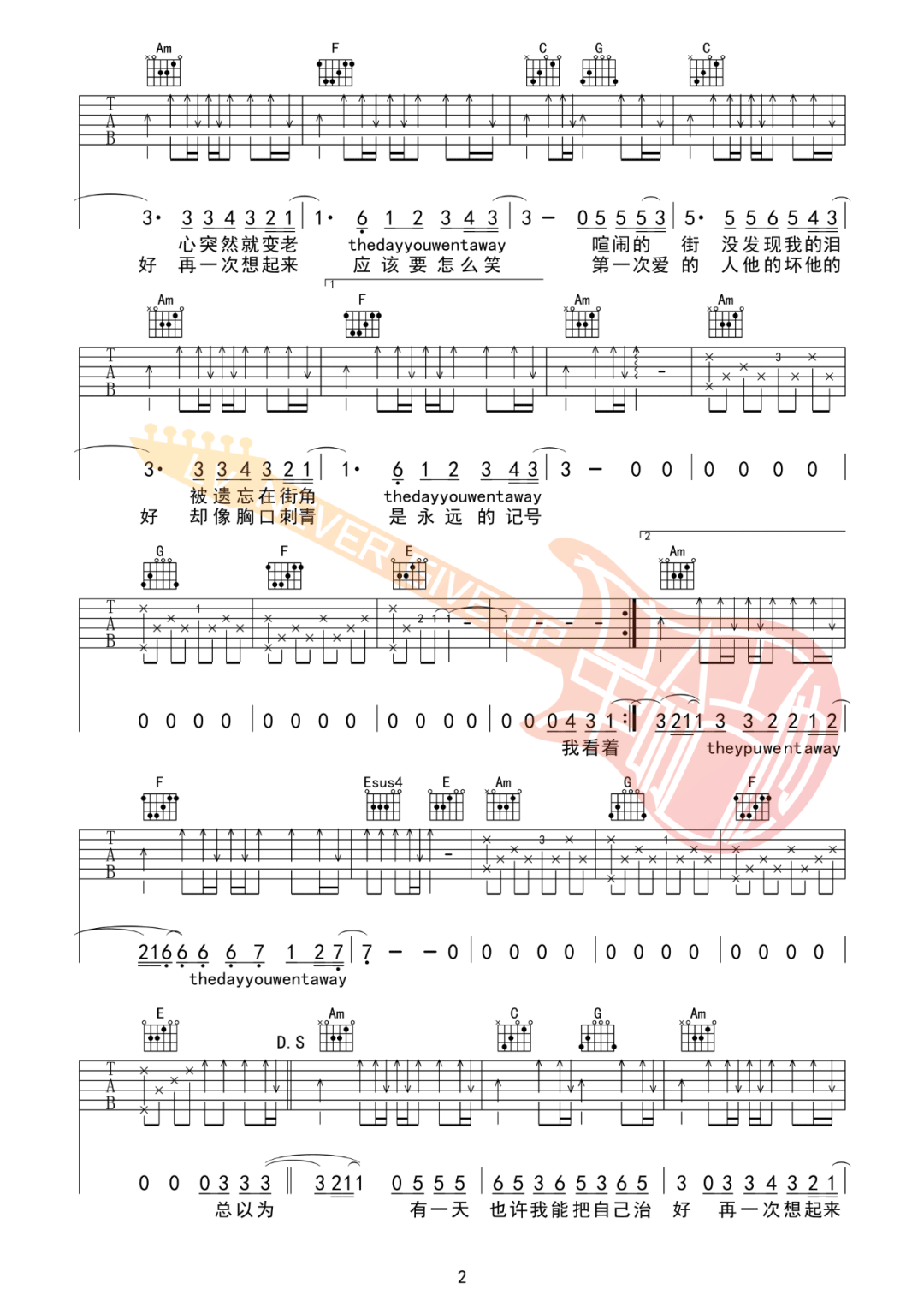 王心凌《第一次爱的人》吉他谱_C调指法吉他谱_吉他弹唱视频教学-图2