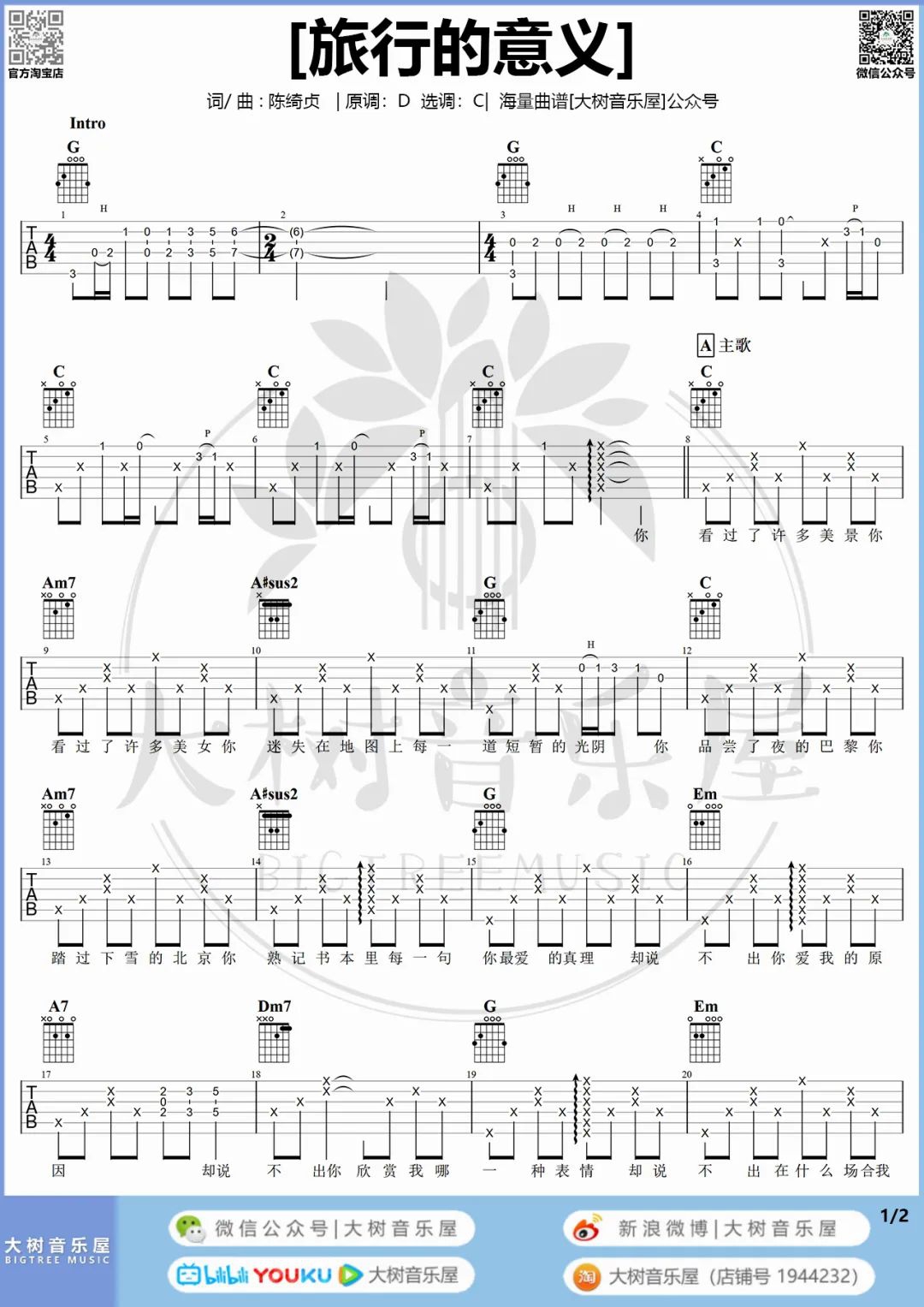 陈绮贞《旅行的意义》吉他谱_C调原版吉他谱_吉他弹唱视频教学-图1