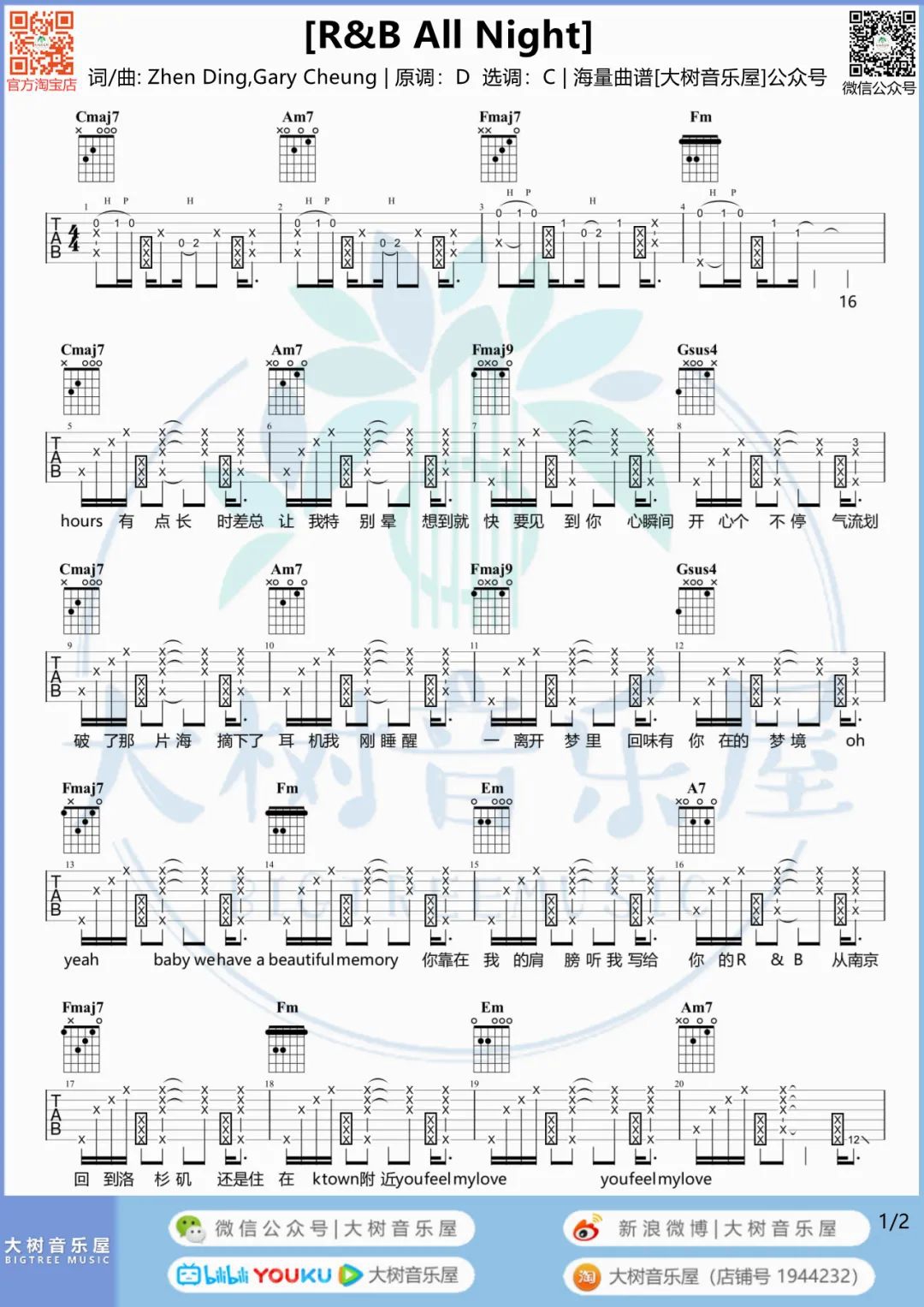 Higher Brother《R&B All Night》吉他谱_C调吉他谱_吉他弹唱视频教学-图1