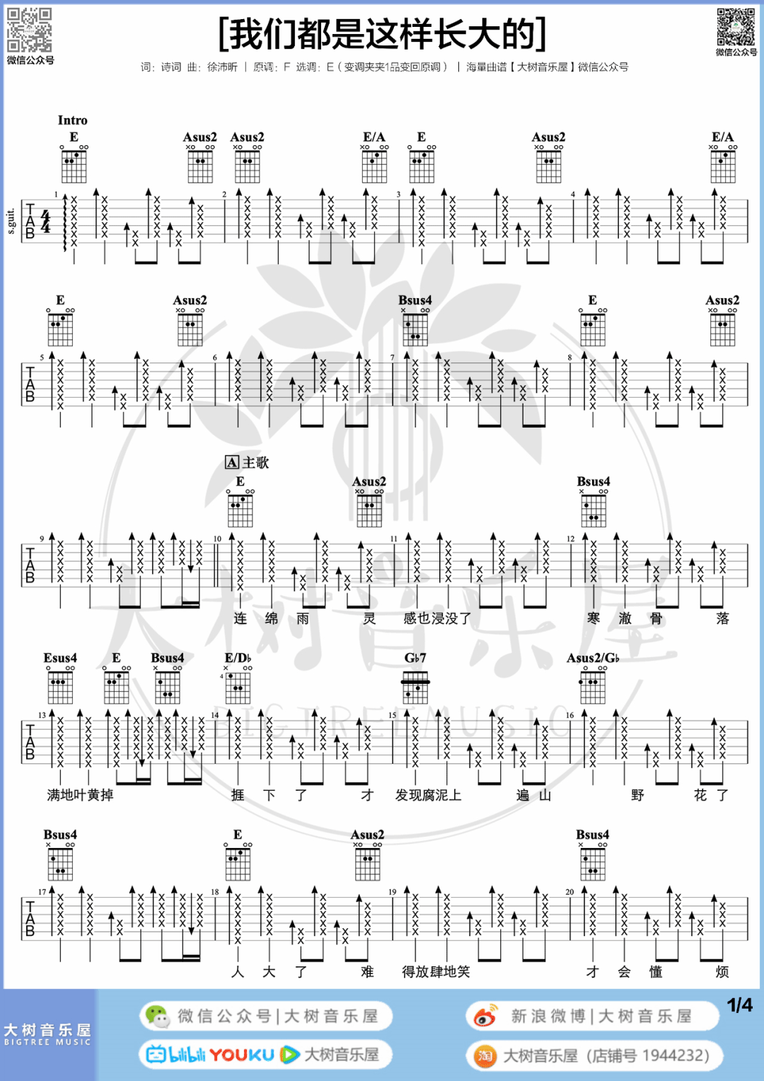 周柏豪/林晓峰《我们都是这样长大的》吉他谱_E调吉他弹唱视频教学-图1