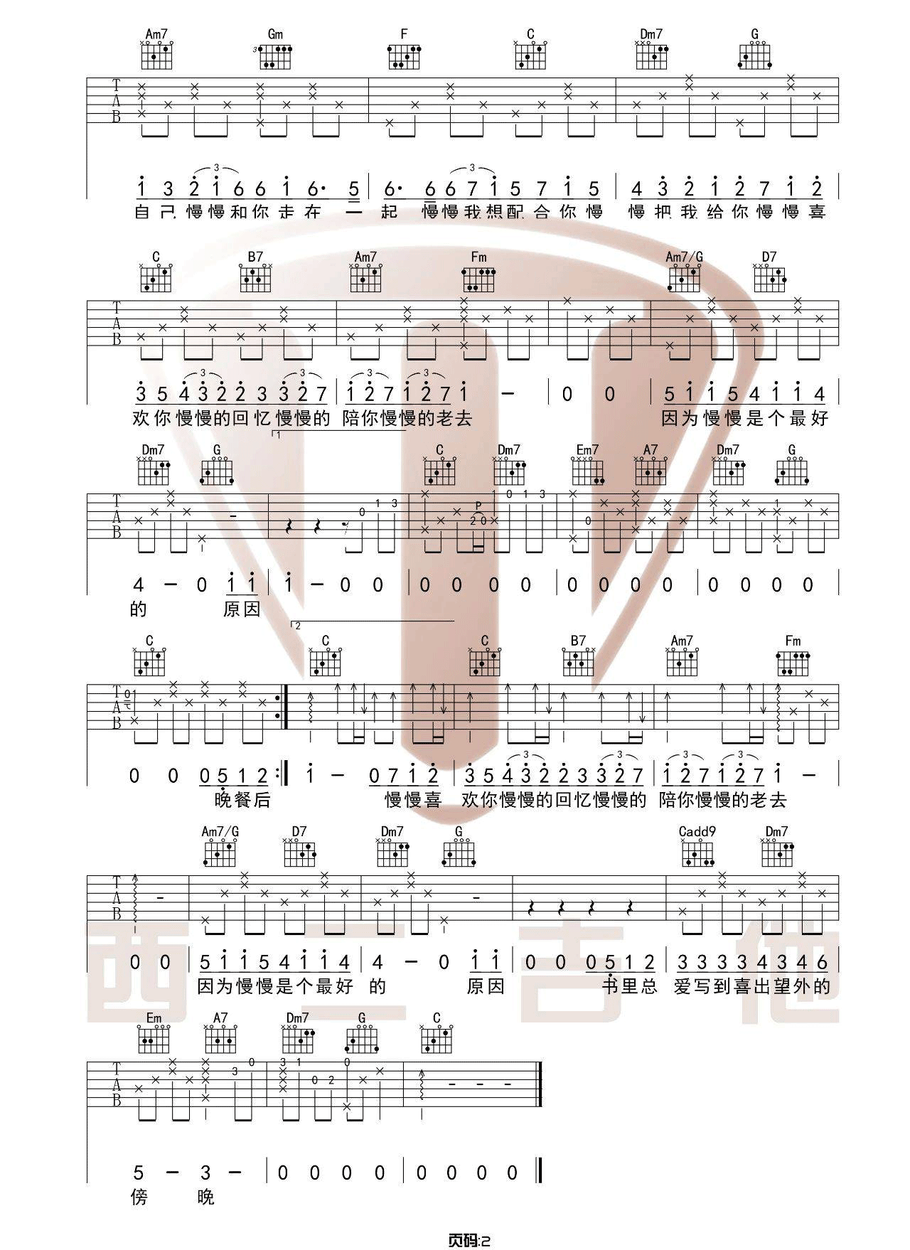莫文蔚《慢慢喜欢你》吉他谱_C调原版吉他谱_吉他弹唱视频教学-图2