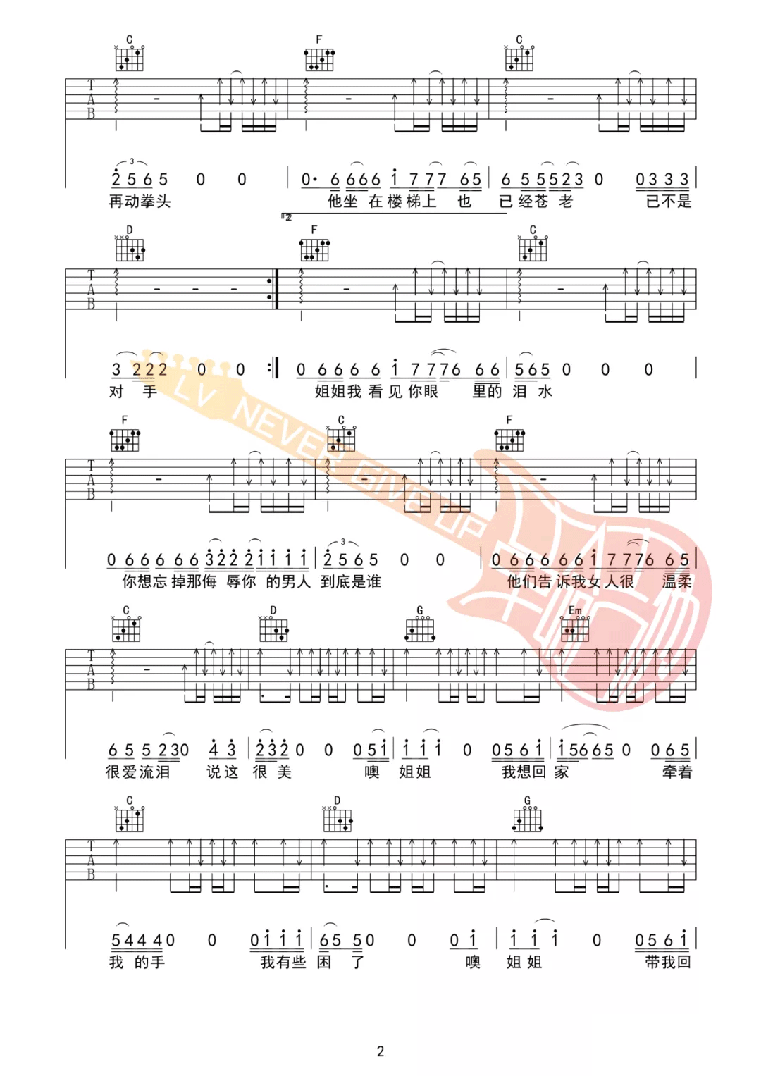 张楚《姐姐》吉他谱_G调指法吉他谱_吉他弹唱视频教学-图2