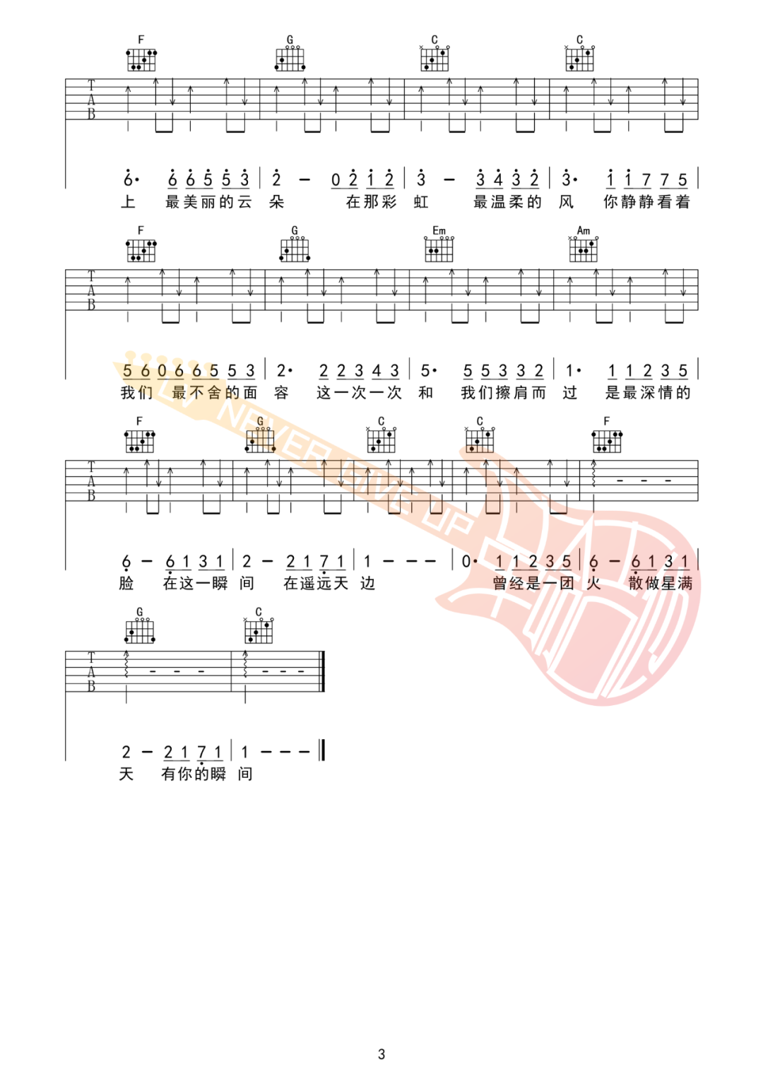 真瑞《最美的瞬间》吉他谱_C调原版吉他谱_吉他弹唱视频教学-图3