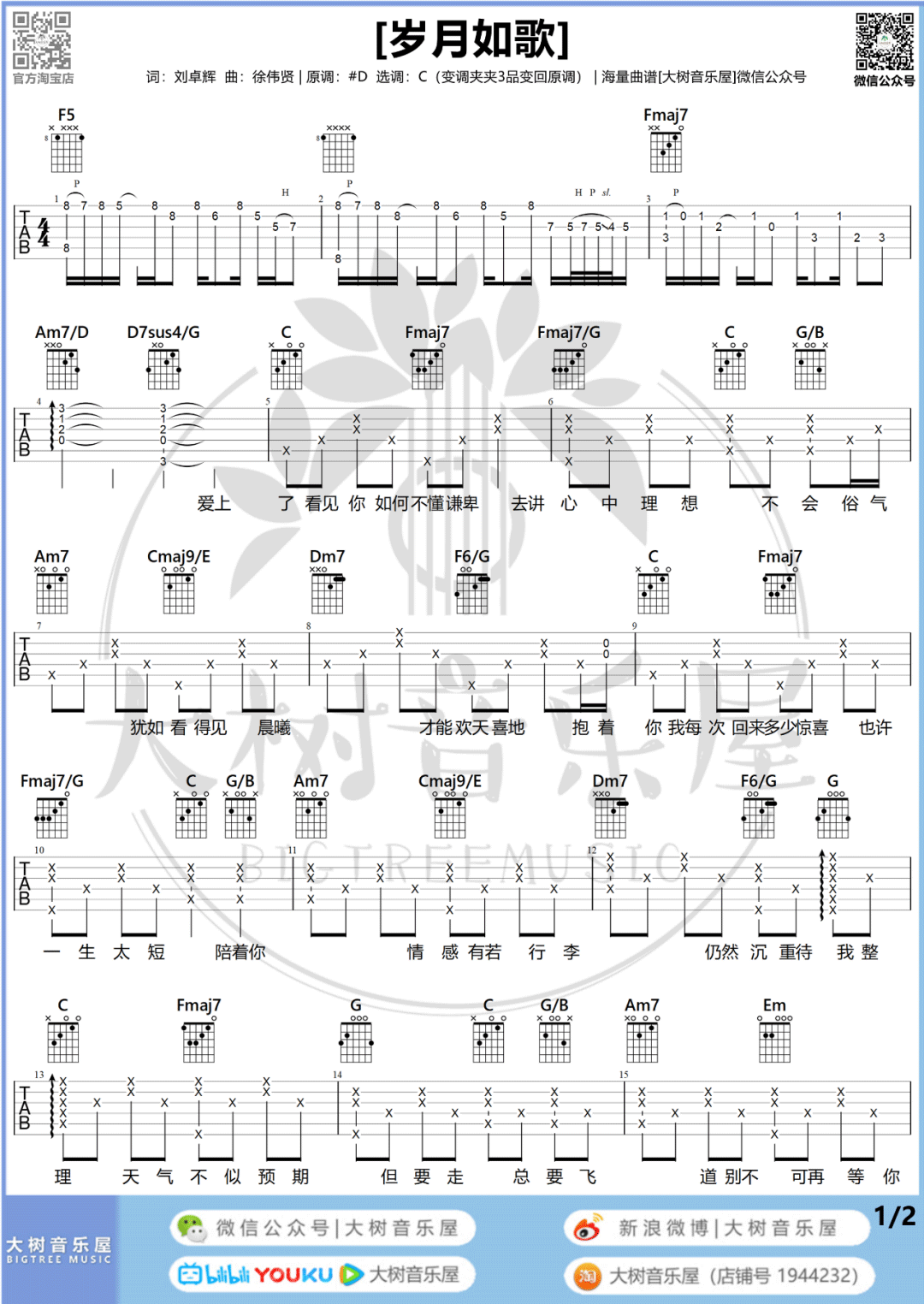 陈奕迅《岁月如歌》吉他谱_C调指法原版吉他谱_吉他弹唱视频教学-图1