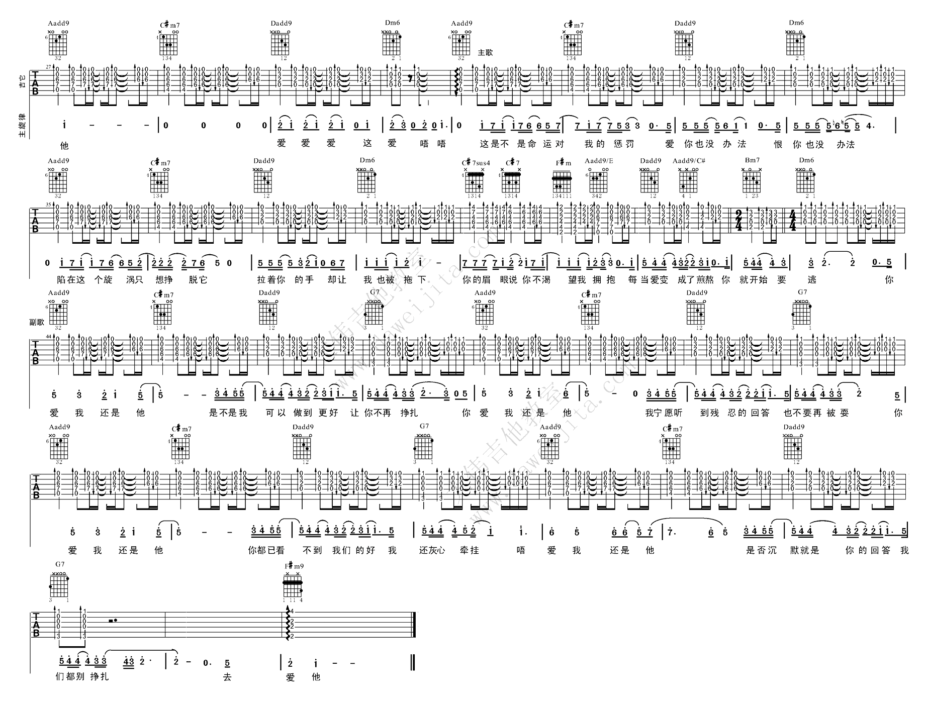 陶喆《爱我还是他》吉他谱_A调指法原版吉他谱_吉他弹唱视频教学-图2
