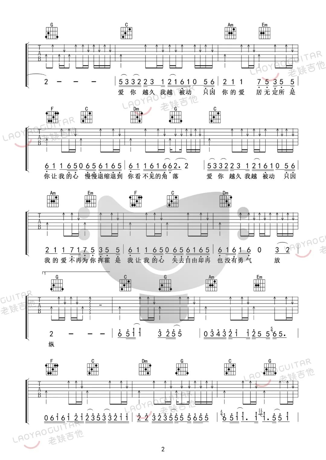 伍佰《被动》吉他谱_C调指法吉他谱_吉他弹唱视频教学-图2