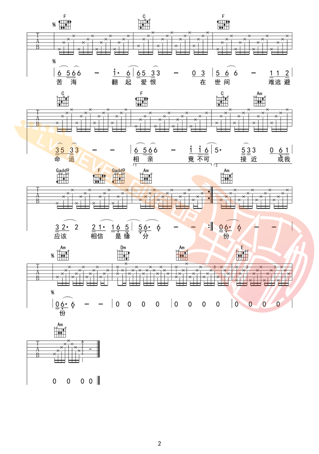 卢冠廷《一生所爱》吉他谱_C调原版吉他谱_吉他弹唱视频教学-图2