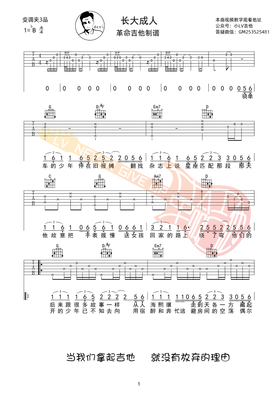 范茹《长大成人》吉他谱_G调原版吉他谱_吉他弹唱视频教学-图1