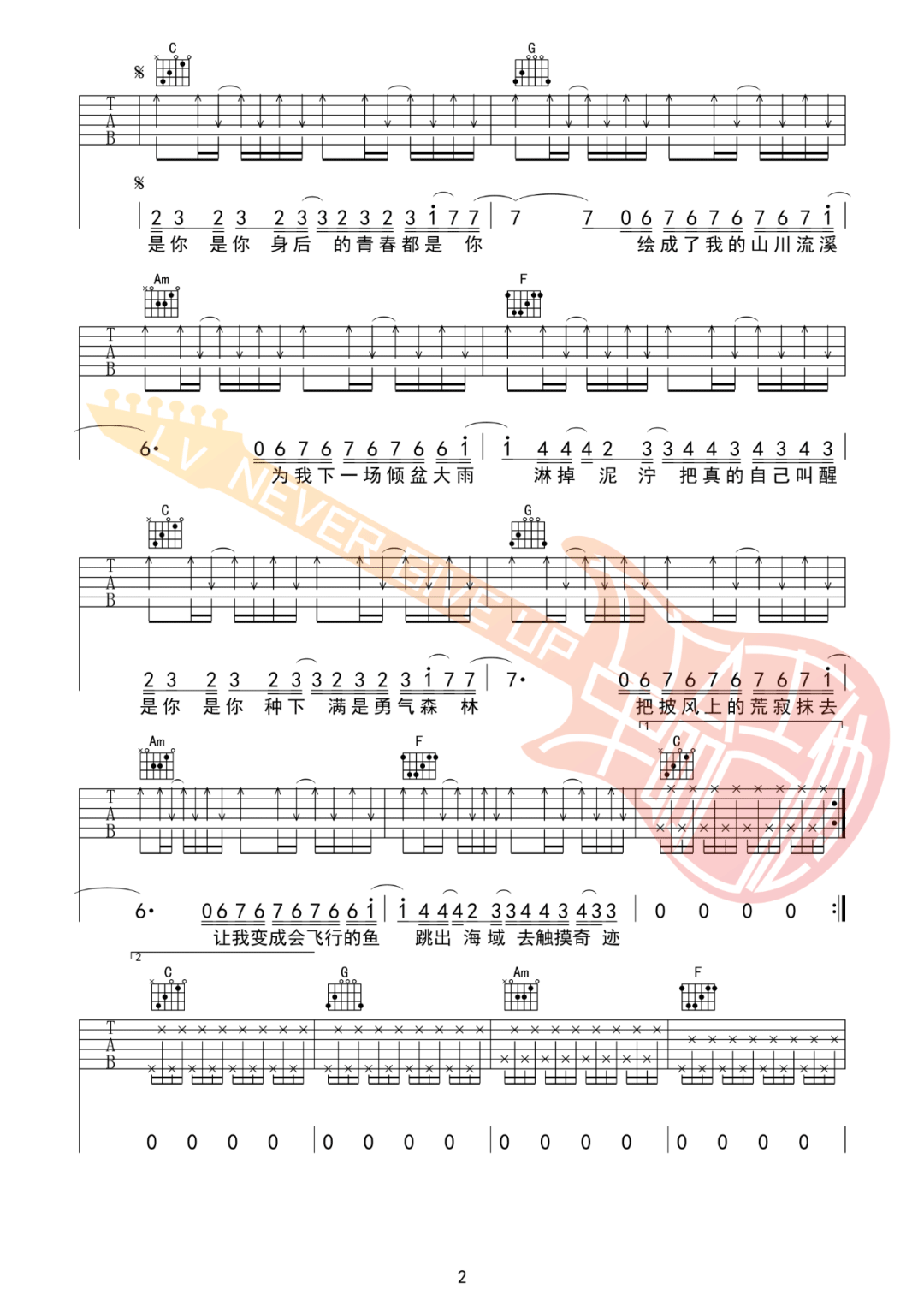 梦然《是你》吉他谱_C调原版吉他谱_吉他弹唱视频教学-图2