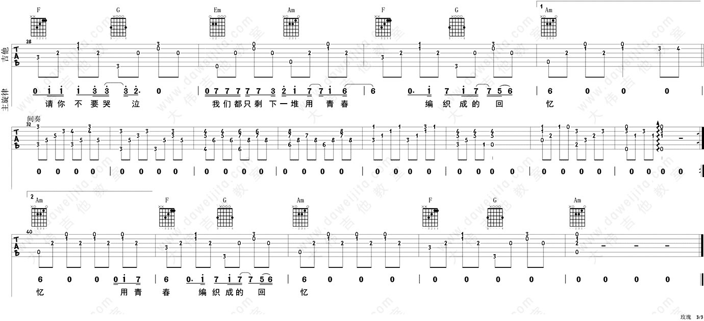 贰佰《玫瑰》吉他谱_C调指法原版吉他谱_吉他弹唱视频教学-图3