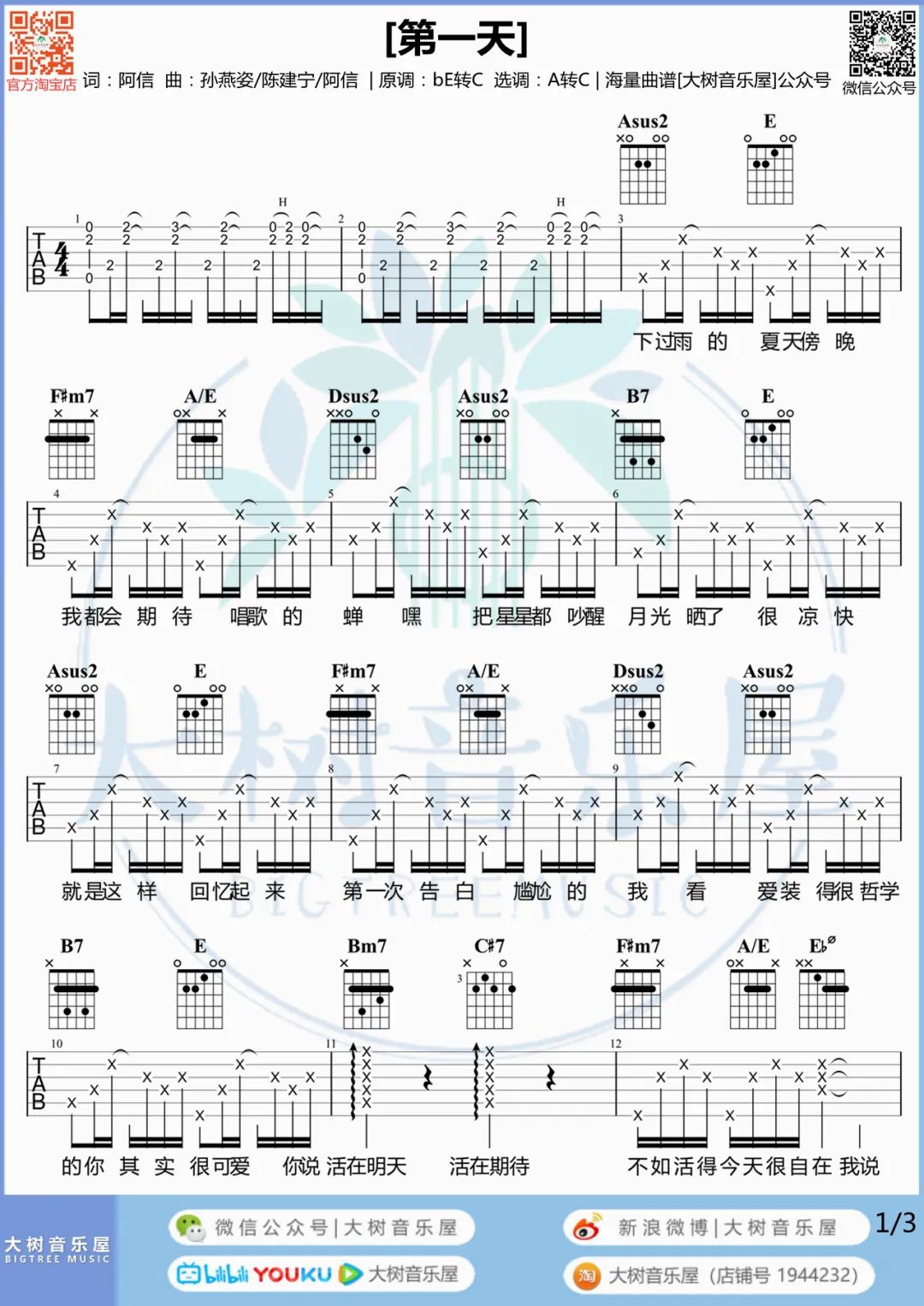 孙燕姿《第一天》吉他谱_A调原版吉他谱_吉他弹唱视频教学-图1