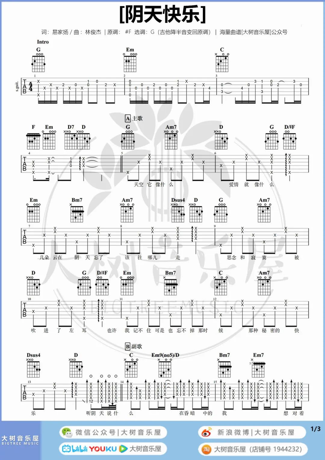 陈奕迅《阴天快乐》吉他谱_G调指法原版吉他谱_吉他弹唱视频教学-图1