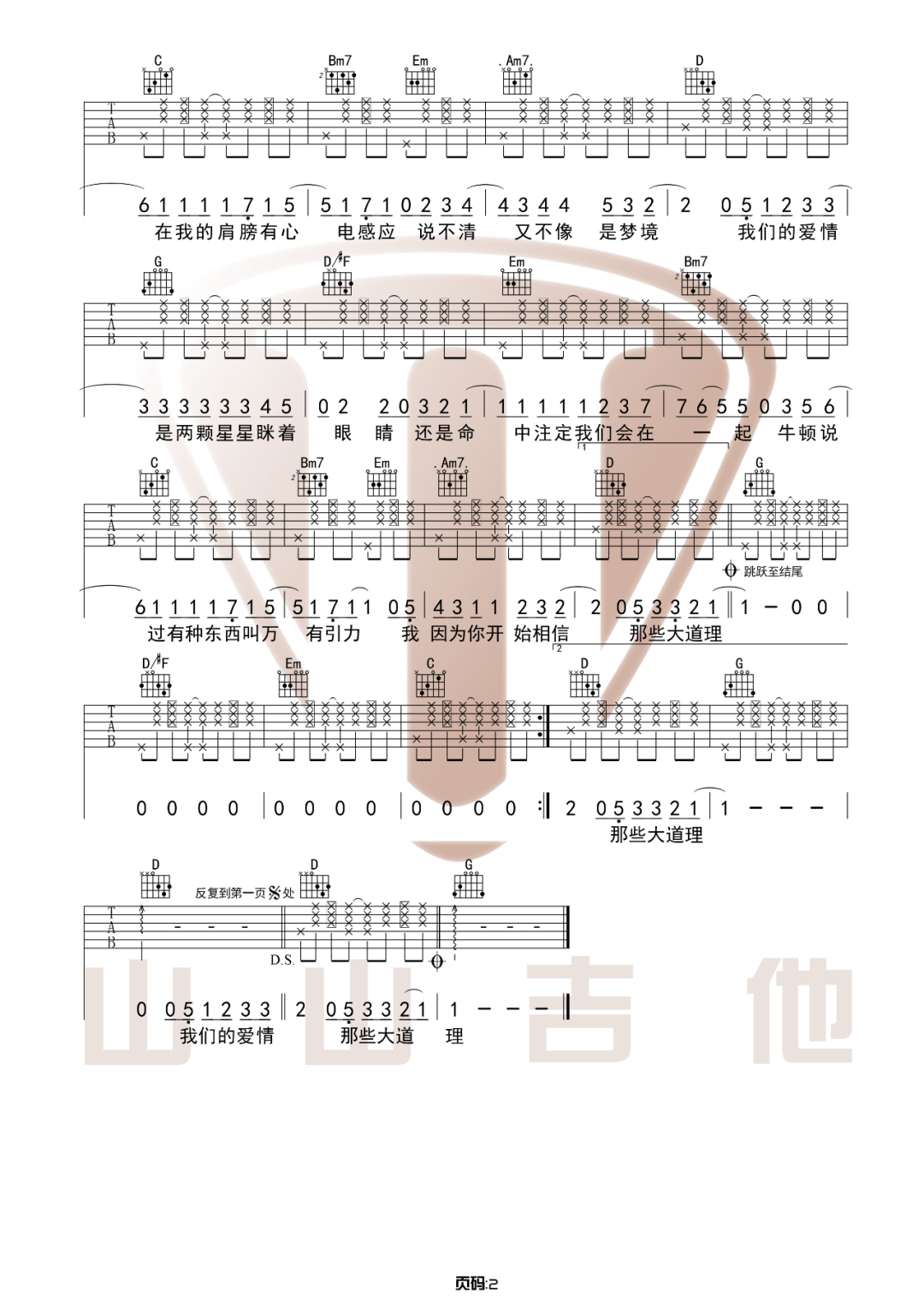 汪苏泷《万有引力》吉他谱_G调指法简单版吉他谱_吉他弹唱视频教学-图2