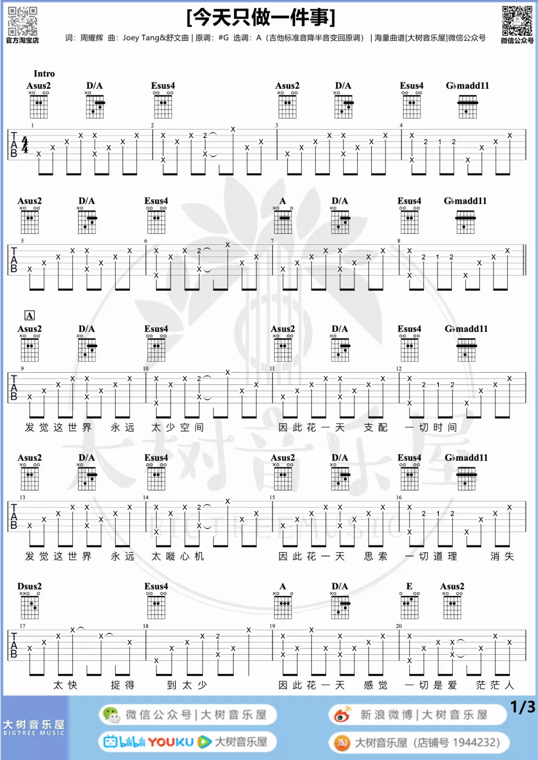 陈奕迅《今天只做一件事》吉他谱_A调指法_吉他弹唱视频教学-图1