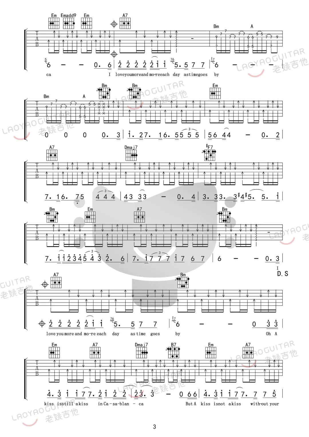 Bertie Higgins《卡萨布兰卡》吉他谱_D调吉他谱_吉他弹唱视频教学-图3