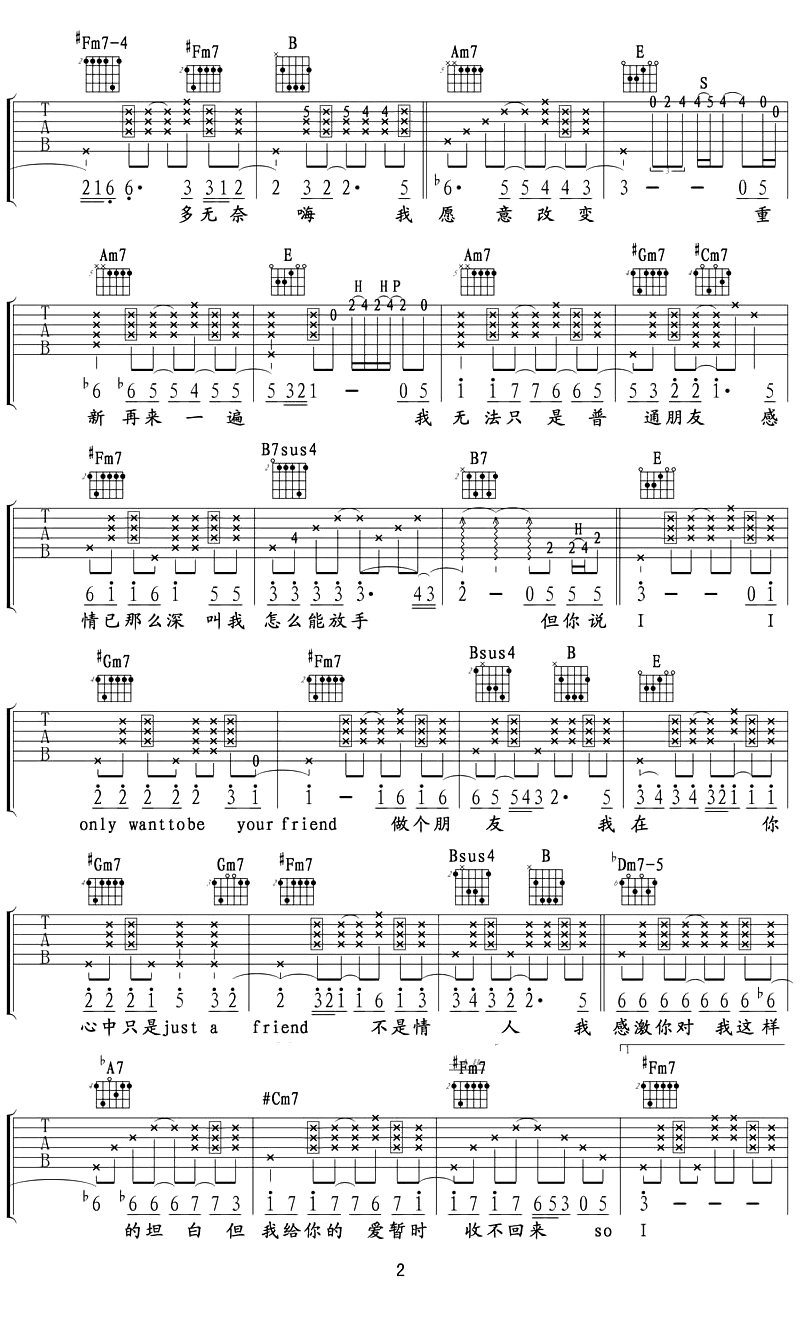 陶喆《普通朋友》吉他谱_E调原版吉他谱_吉他弹唱视频教学-图2
