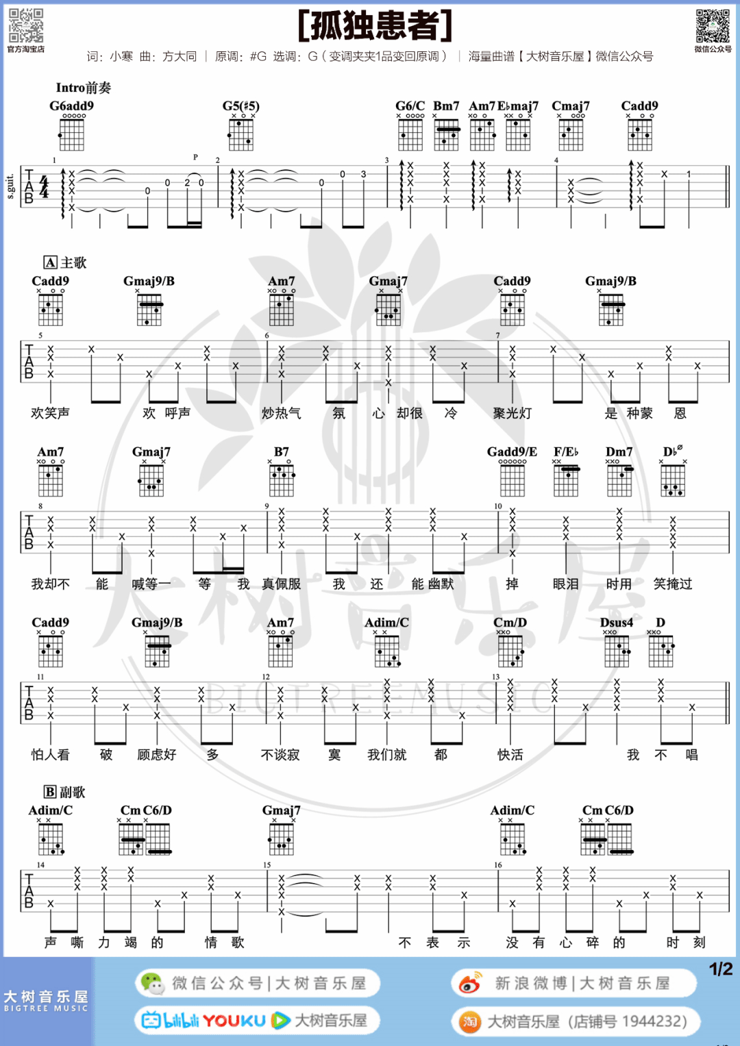 陈奕迅《孤独患者》吉他谱_G调吉他谱/和弦谱_吉他弹唱视频教学-图1
