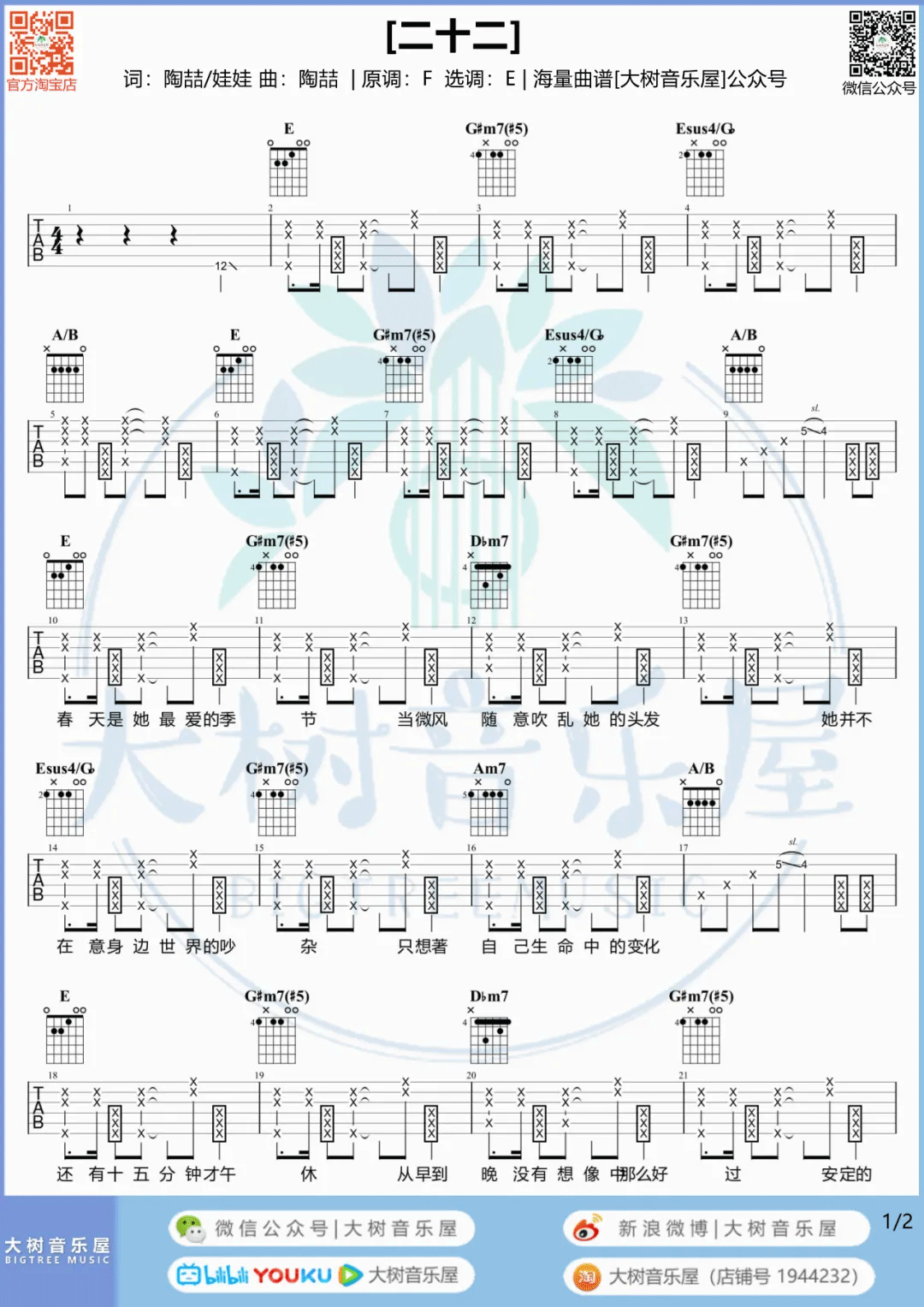 陶喆《二十二》吉他谱_E调指法拍弦版吉他谱_吉他弹唱视频教学-图1