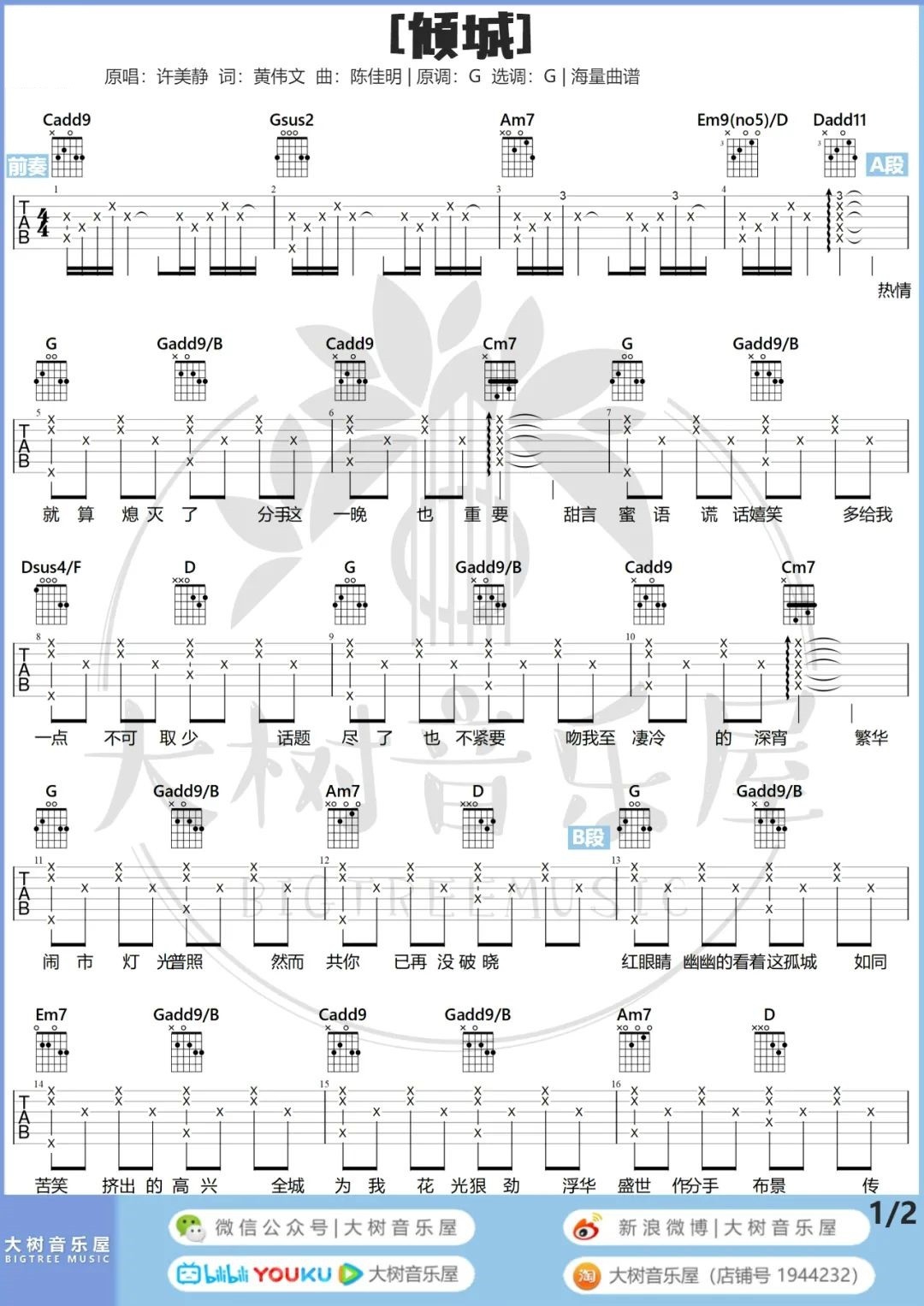 陈奕迅/许美静《倾城》吉他谱_G调原版吉他谱_吉他弹唱视频教学-图1