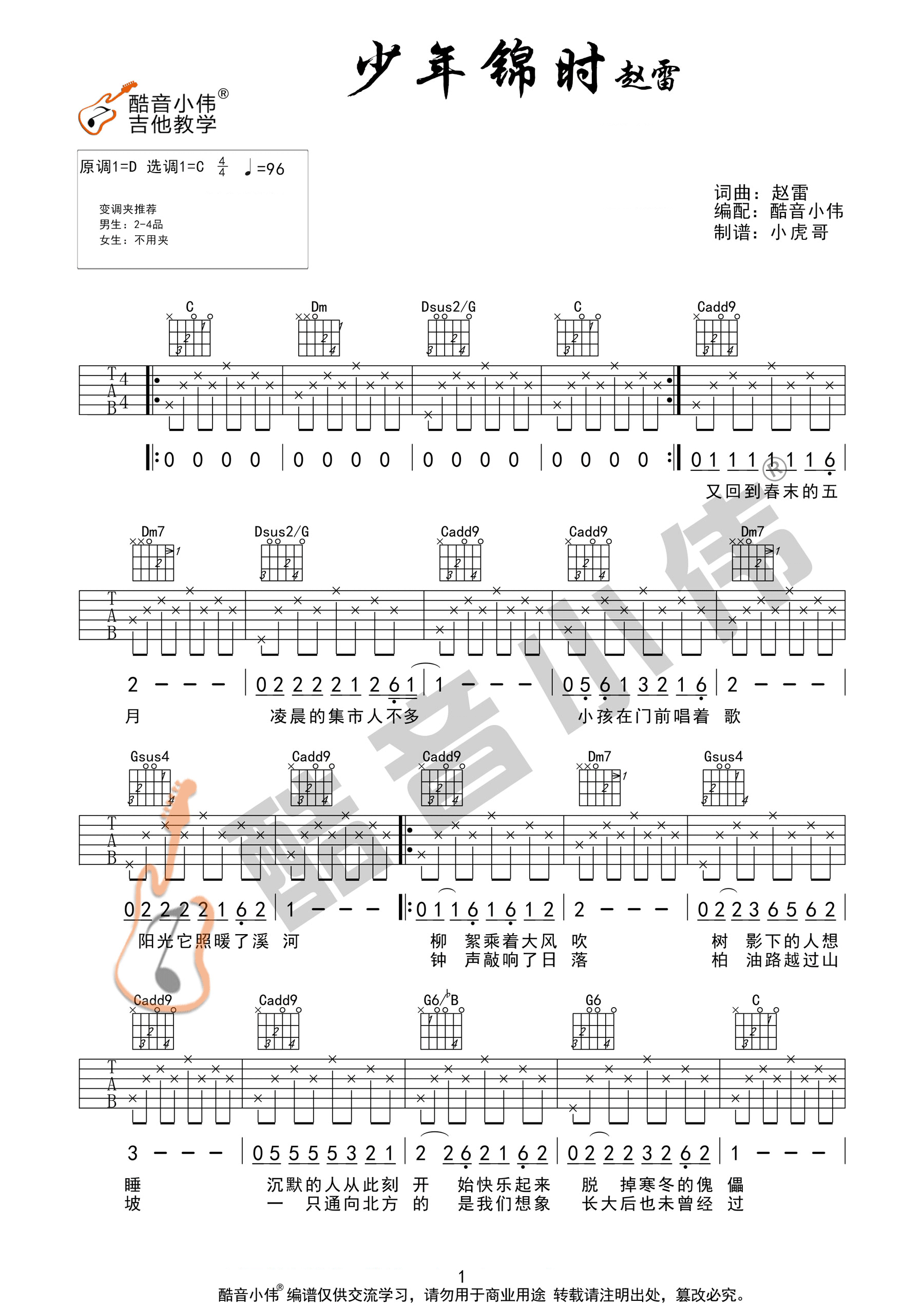 赵雷《少年锦时》吉他谱_C调原版吉他谱_吉他弹唱视频教学-图1