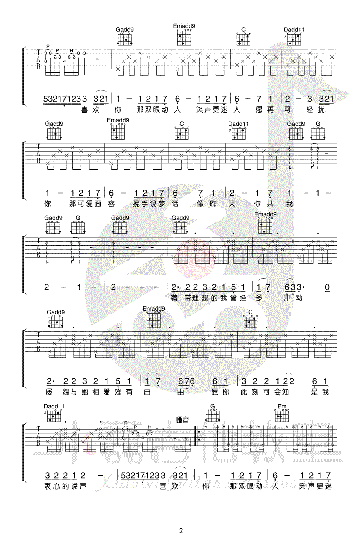 Beyond《喜欢你》吉他谱_G调指法原版吉他谱_吉他弹唱视频教学-图2