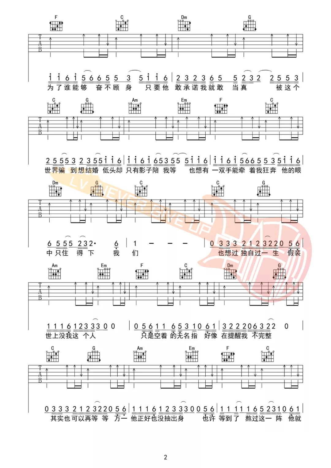 搁浅的鱼《被这个世界骗到想结婚》吉他谱_C调原版_吉他弹唱视频教学-图2