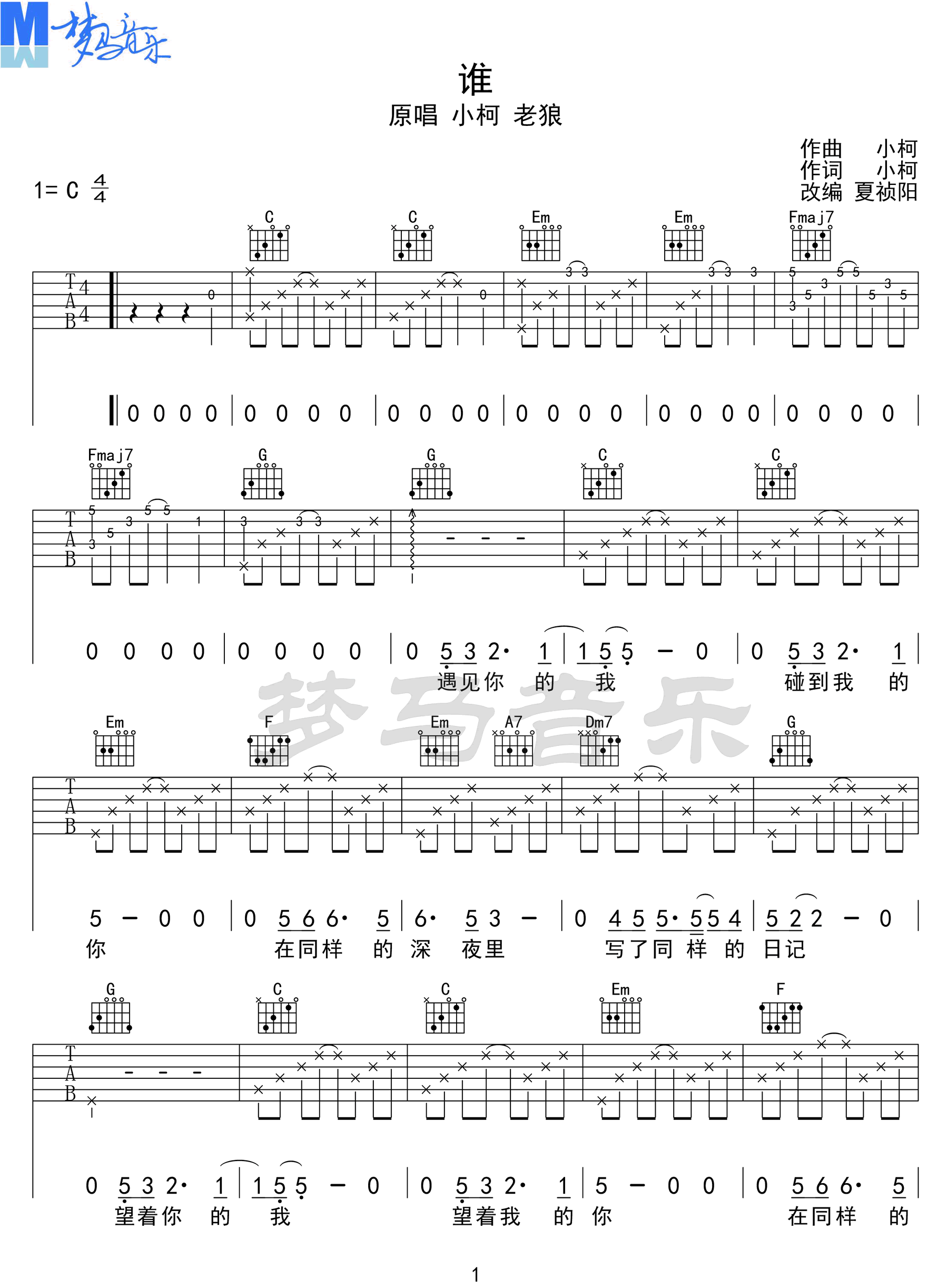 小柯/老狼《谁》吉他谱_C调指法原版吉他谱_吉他弹唱视频教学-图1