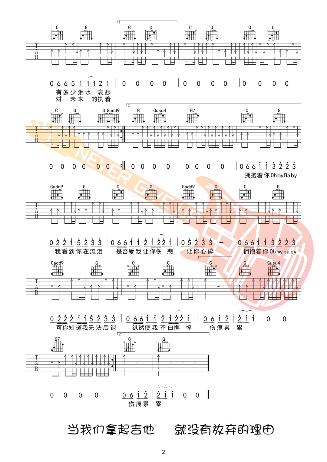 许巍《执着》吉他谱_G调指法扫弦版吉他谱_吉他弹唱视频教学-图2