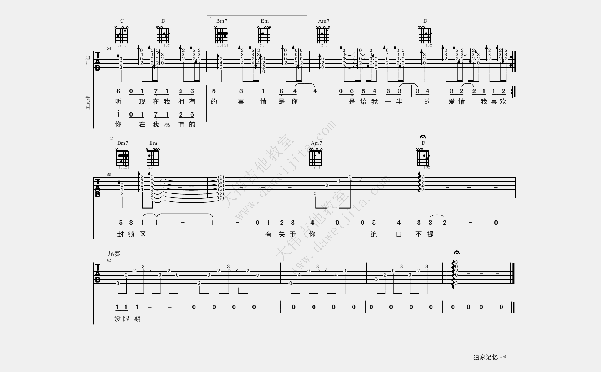 陈小春《独家记忆》吉他谱_F调原版吉他谱_吉他弹唱视频教学-图4