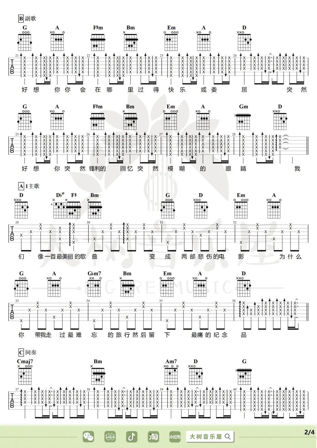五月天《突然好想你》吉他谱_D调原版吉他谱_吉他弹唱视频教学-图2