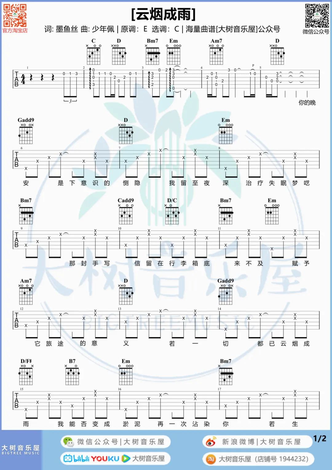房东的猫《云烟成雨》吉他谱_C调原版吉他谱_吉他弹唱视频教学-图1