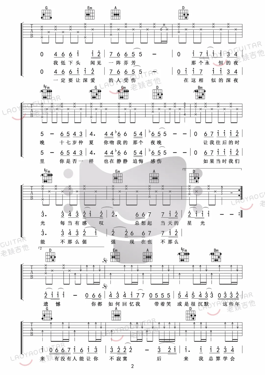 刘若英《后来》吉他谱_D调指法原版吉他谱_吉他弹唱视频教学-图2