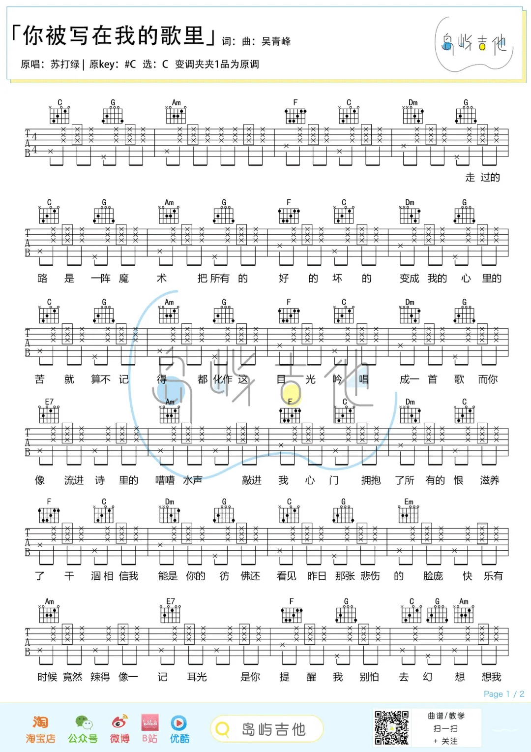 苏打绿/陈嘉桦《你被写在我的歌里》吉他谱_C调简单版_吉他弹唱视频教学-图1
