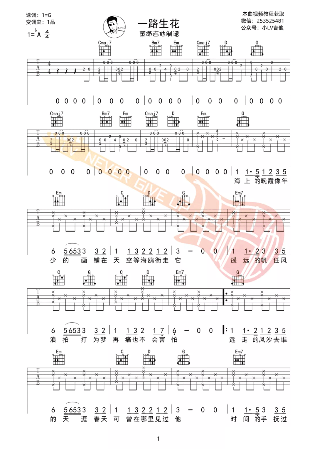 温奕心《一路生花》吉他谱_G调原版吉他谱_吉他弹唱视频教学-图1