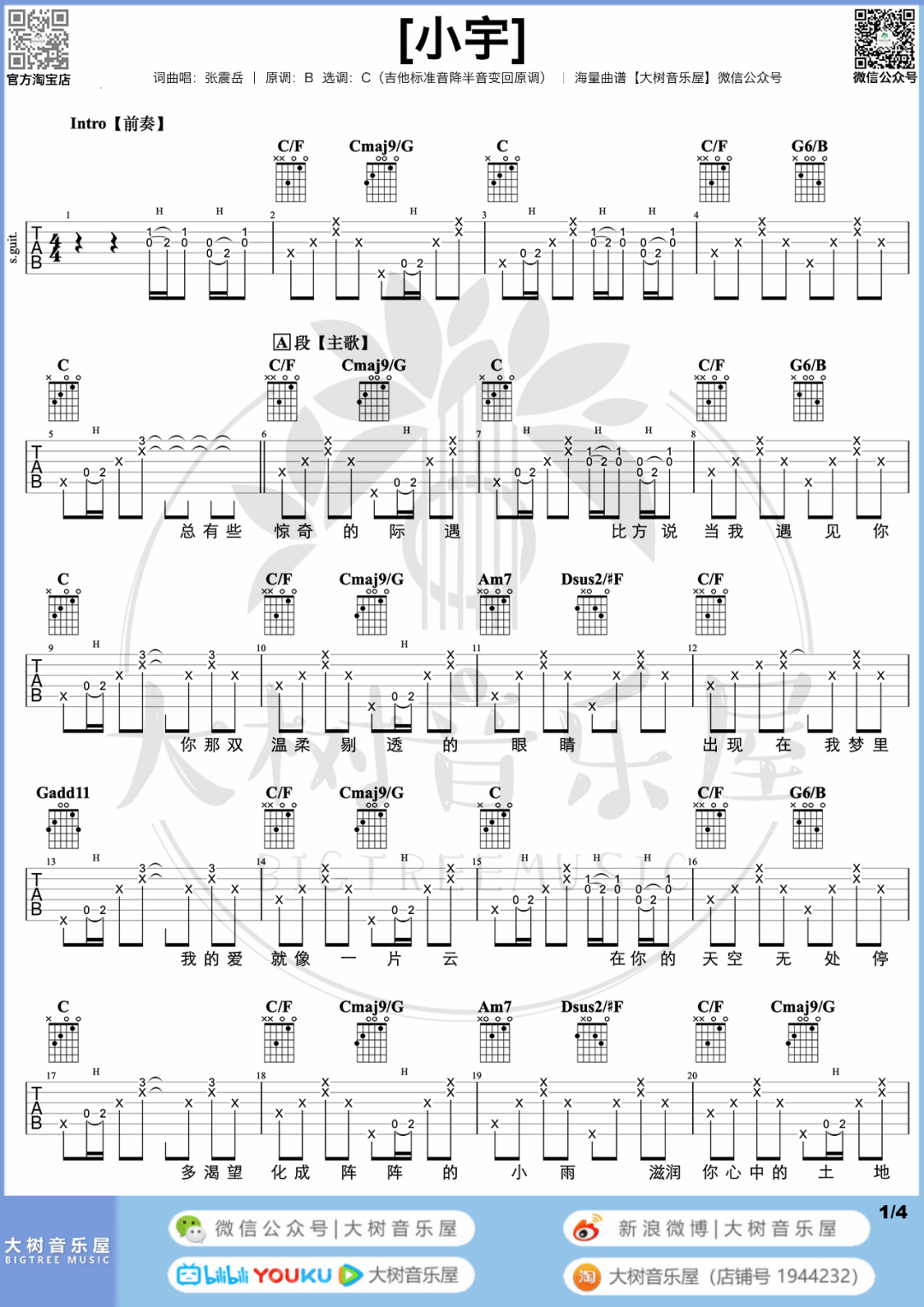 张震岳《小宇》吉他谱_C调原版吉他谱/和弦谱_吉他弹唱视频教学-图1