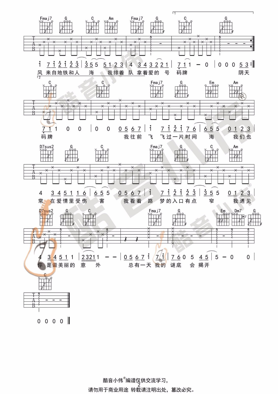 孙燕姿《遇见》吉他谱_C调简单版吉他谱_吉他弹唱视频教学-图2