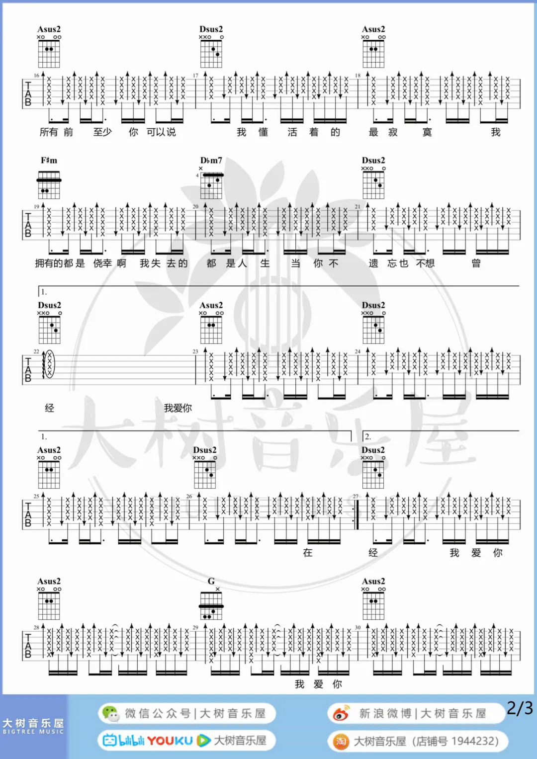 张悬《关于我爱你》吉他谱_A调扫弦版吉他谱_吉他弹唱视频教学-图2